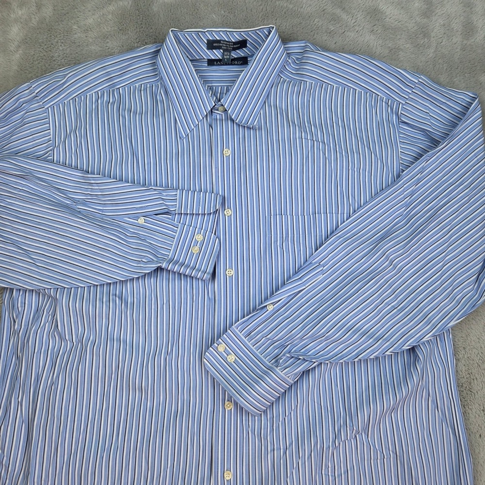 Lanesboro Button Down Men L 16.5 34/35 Non-Iron Stain Resistant Blue White Shirt